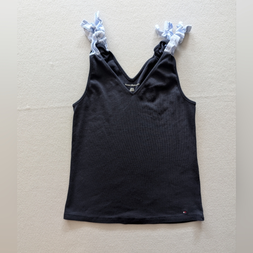 Tommy Hilfiger Navy V Neck Tank Top Striped Tie Shoulder 100% Cotton Sz S Preppy